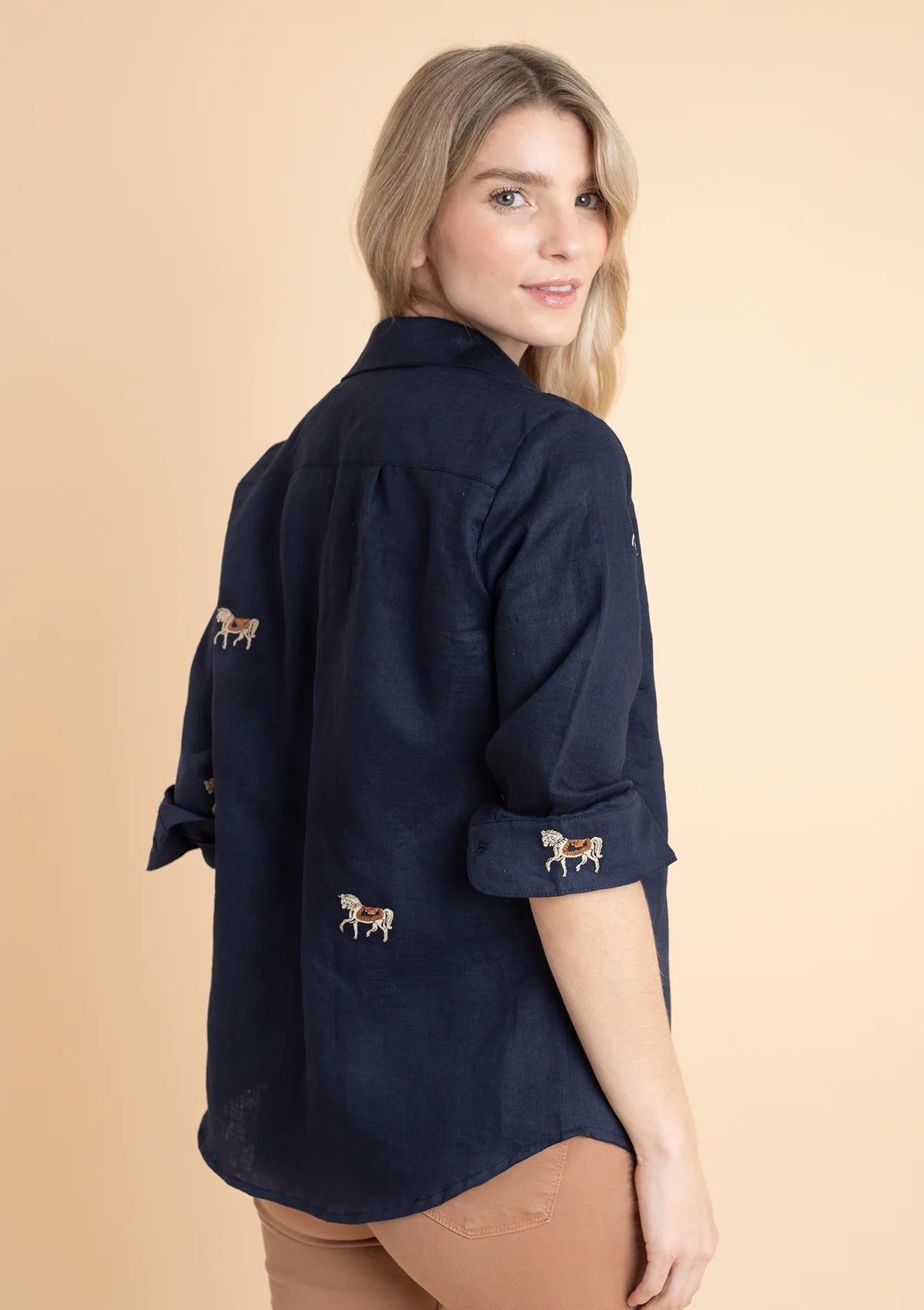 Rönner Sundown Linen Shirt | Long Sleeve | Embroidered Horses | Navy - Rönner - Equiluxe Tack