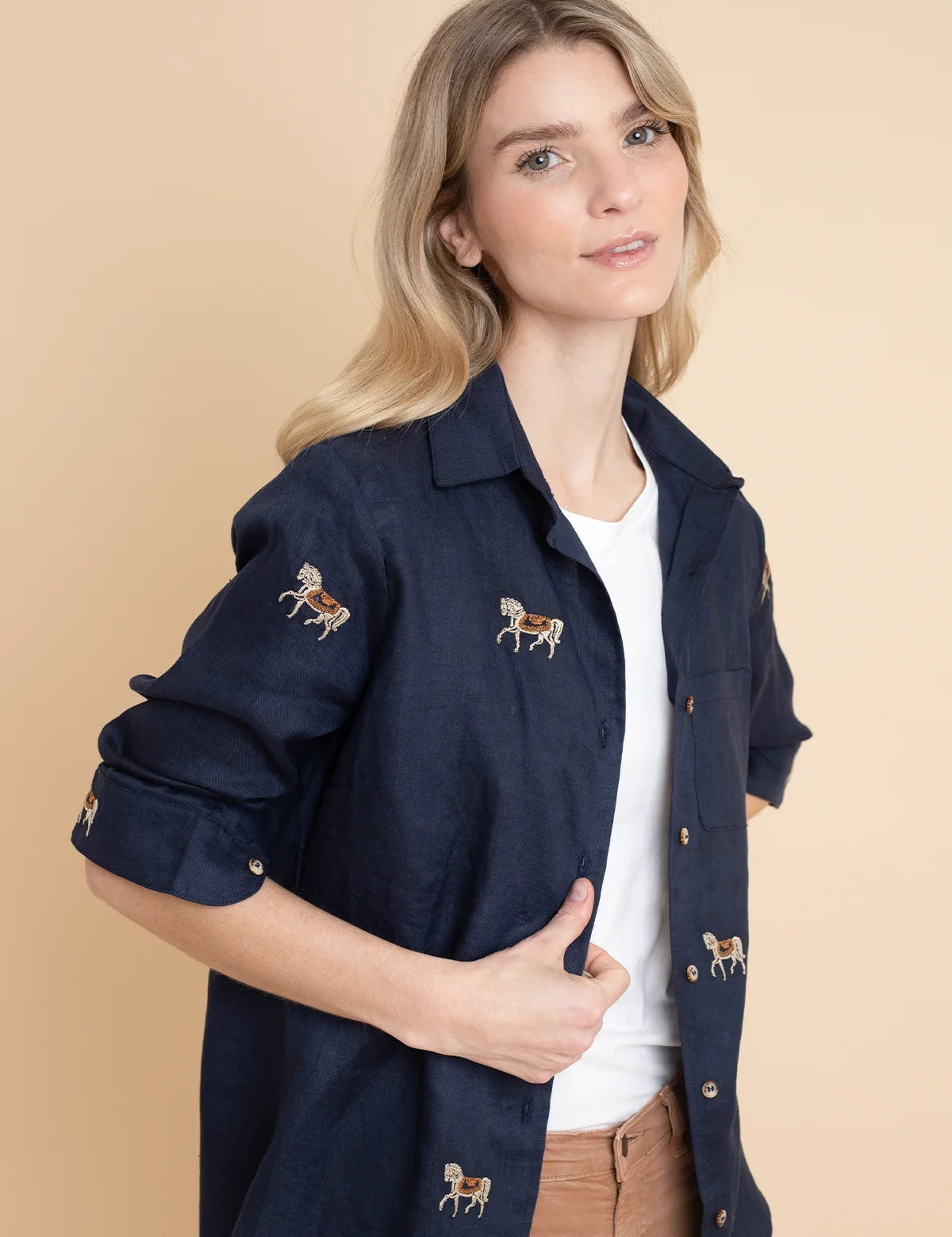 Rönner Sundown Linen Shirt | Long Sleeve | Embroidered Horses | Navy - Rönner - Equiluxe Tack