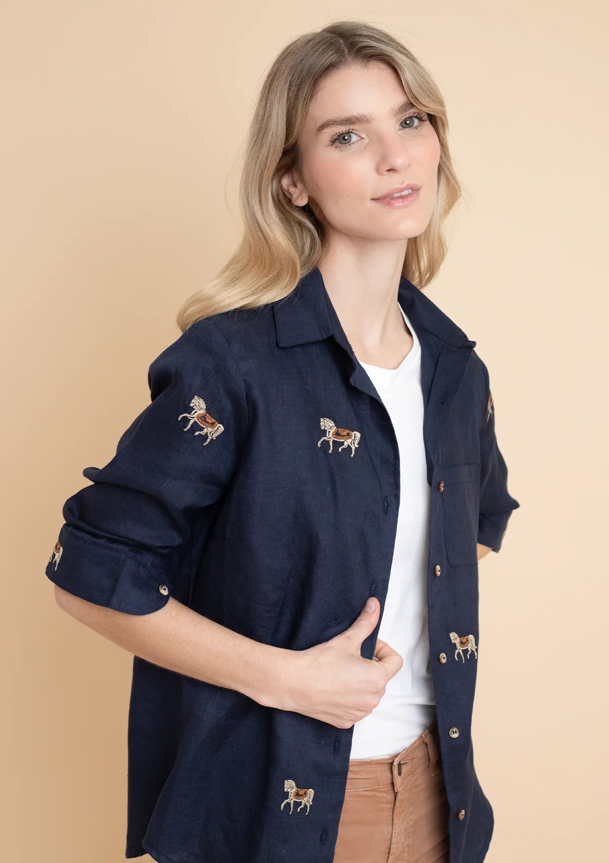 Rönner Sundown Linen Shirt | Long Sleeve | Embroidered Horses | Navy - Rönner - Equiluxe Tack