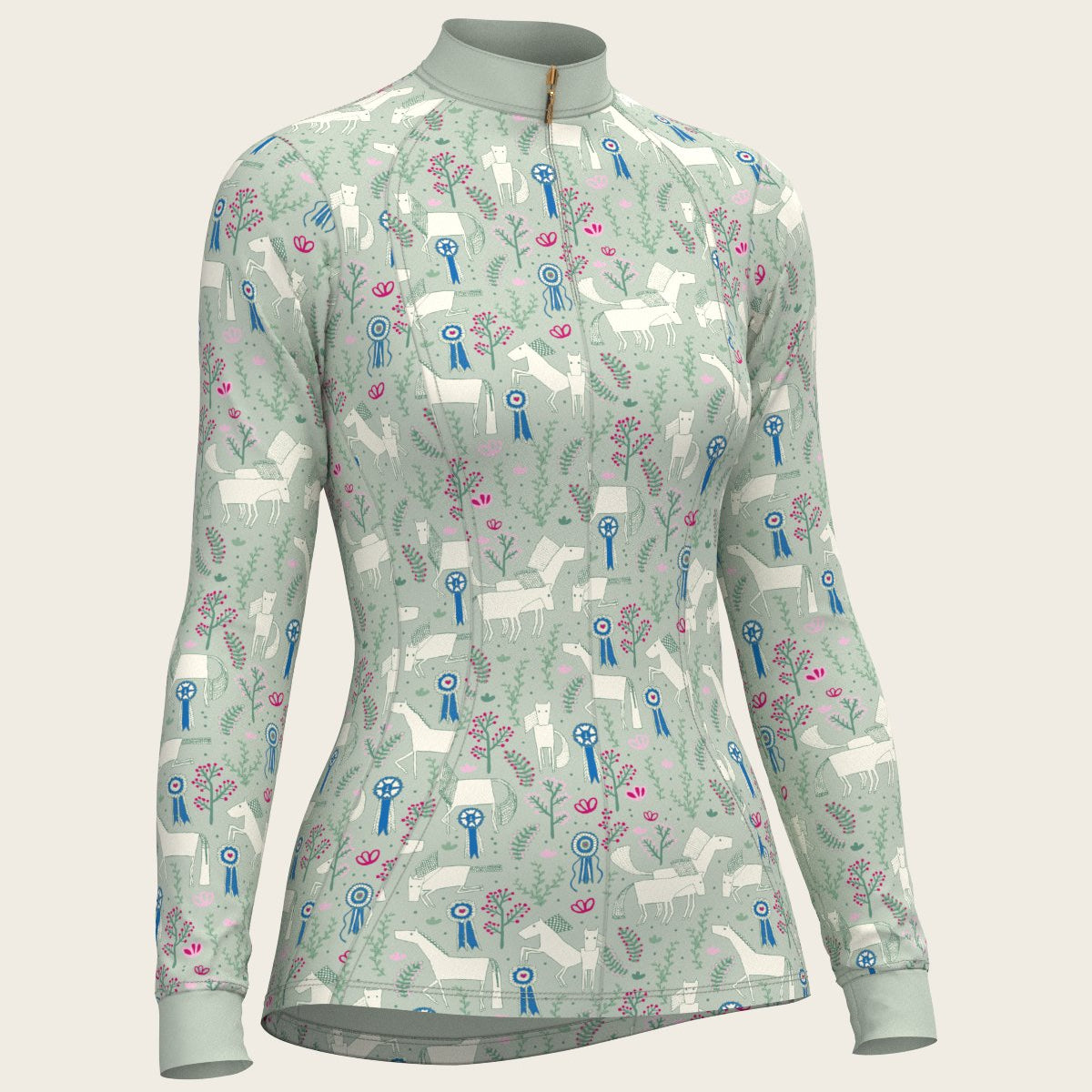  Rosettes on Lime Green Quarter Zip Sun Shirt - Espoir Equestrian - Equiluxe Tack