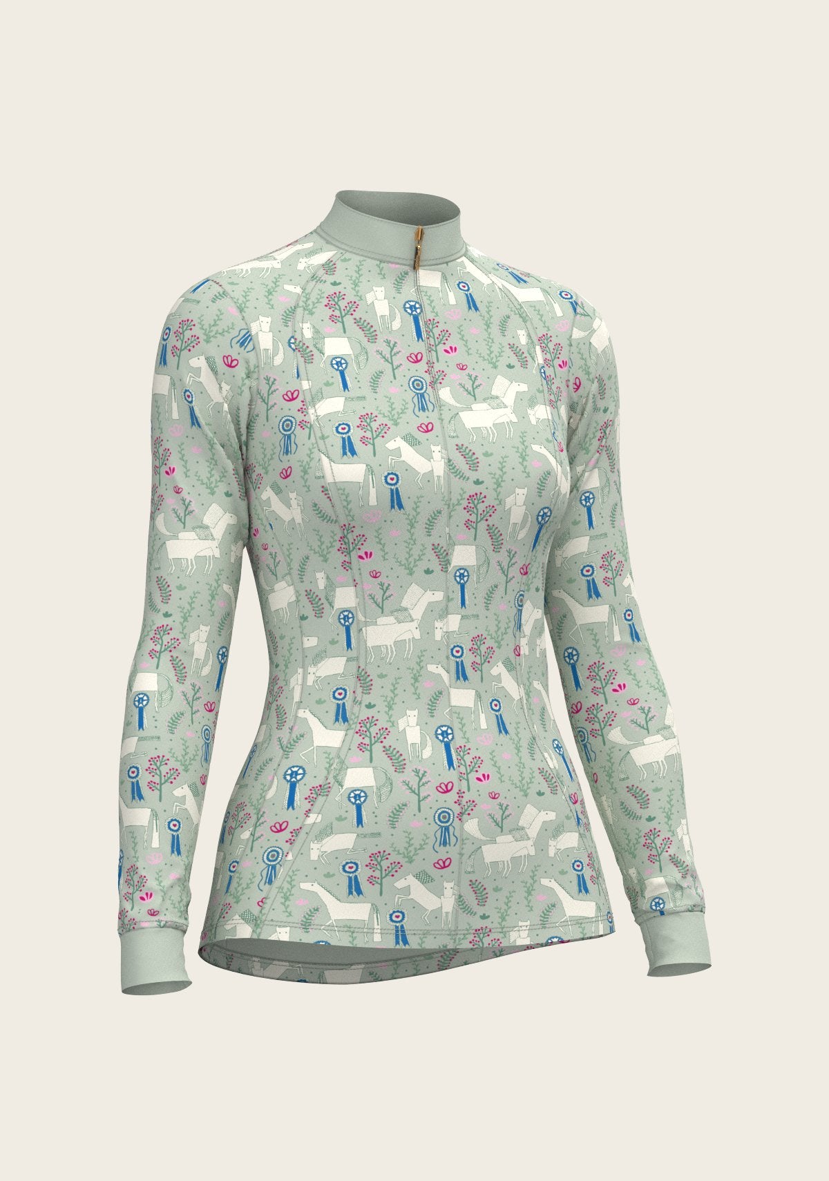  Rosettes on Lime Green Quarter Zip Sun Shirt - Espoir Equestrian - Equiluxe Tack