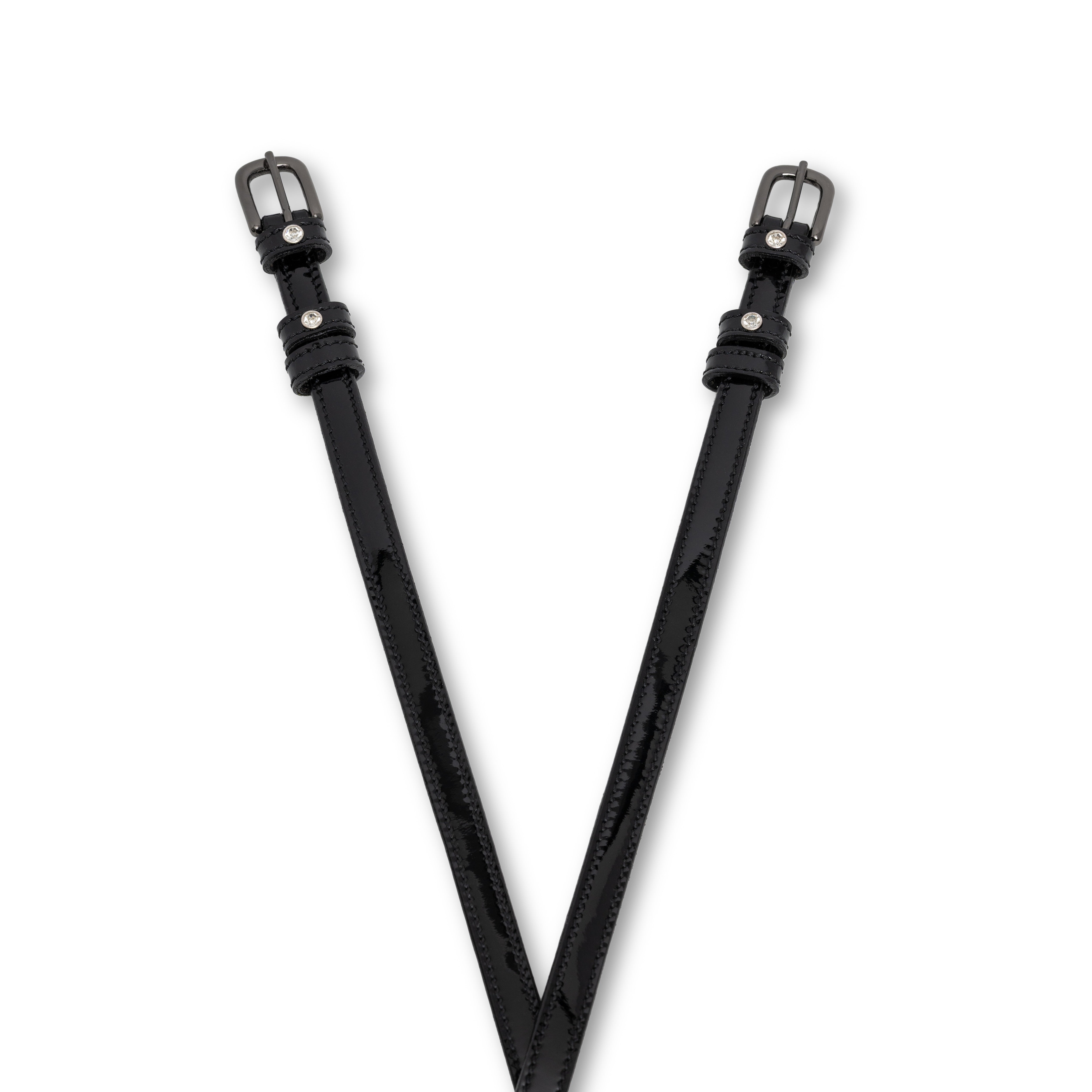 Showstopper Black Patent Leather & Clear Crystal Rivet Spur Straps - Halter Ego® - Equiluxe Tack