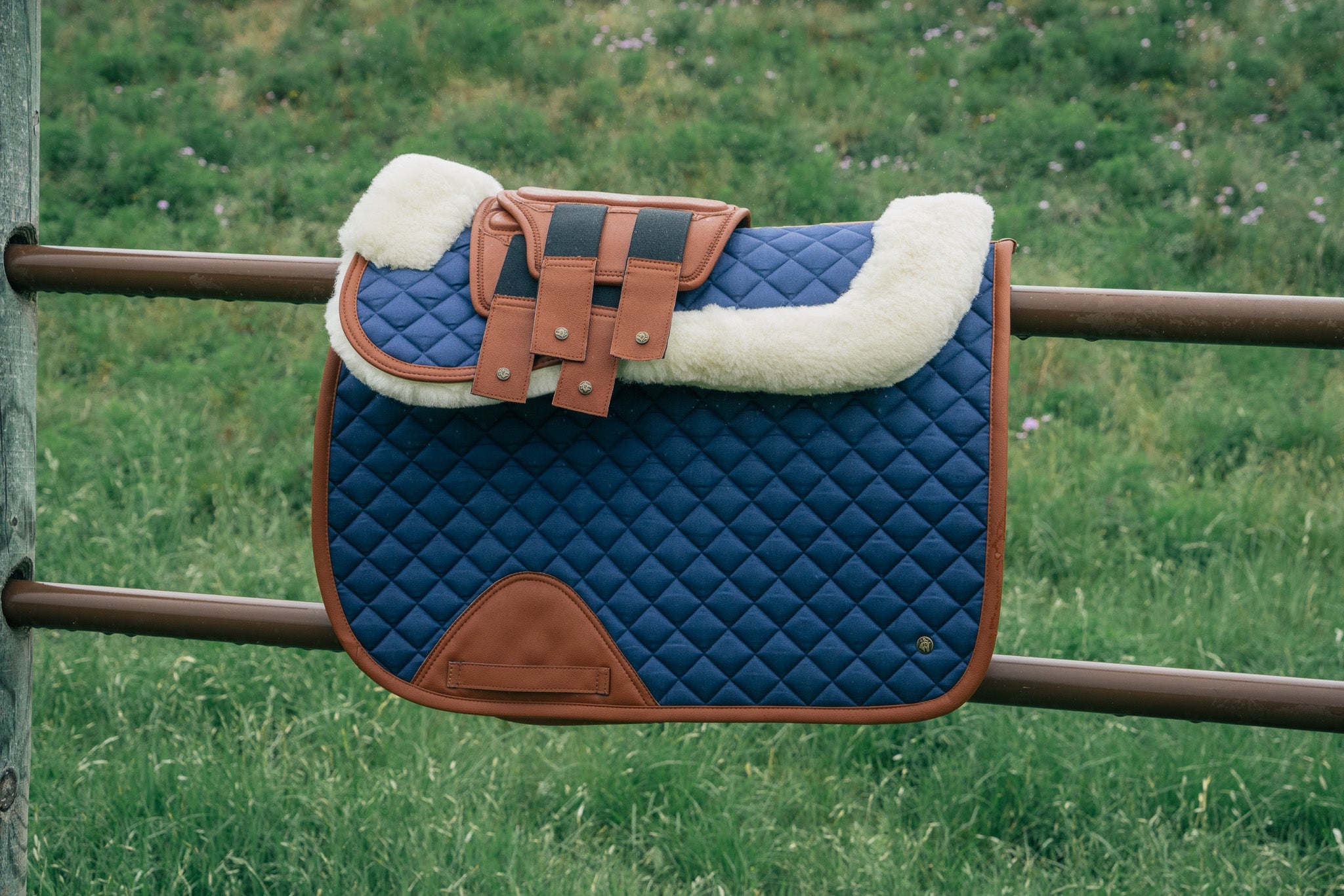 Sixteen Cypress Merino Wool Fleece Half Pad, Navy & Cognac - Sixteen Cypress - Equiluxe Tack
