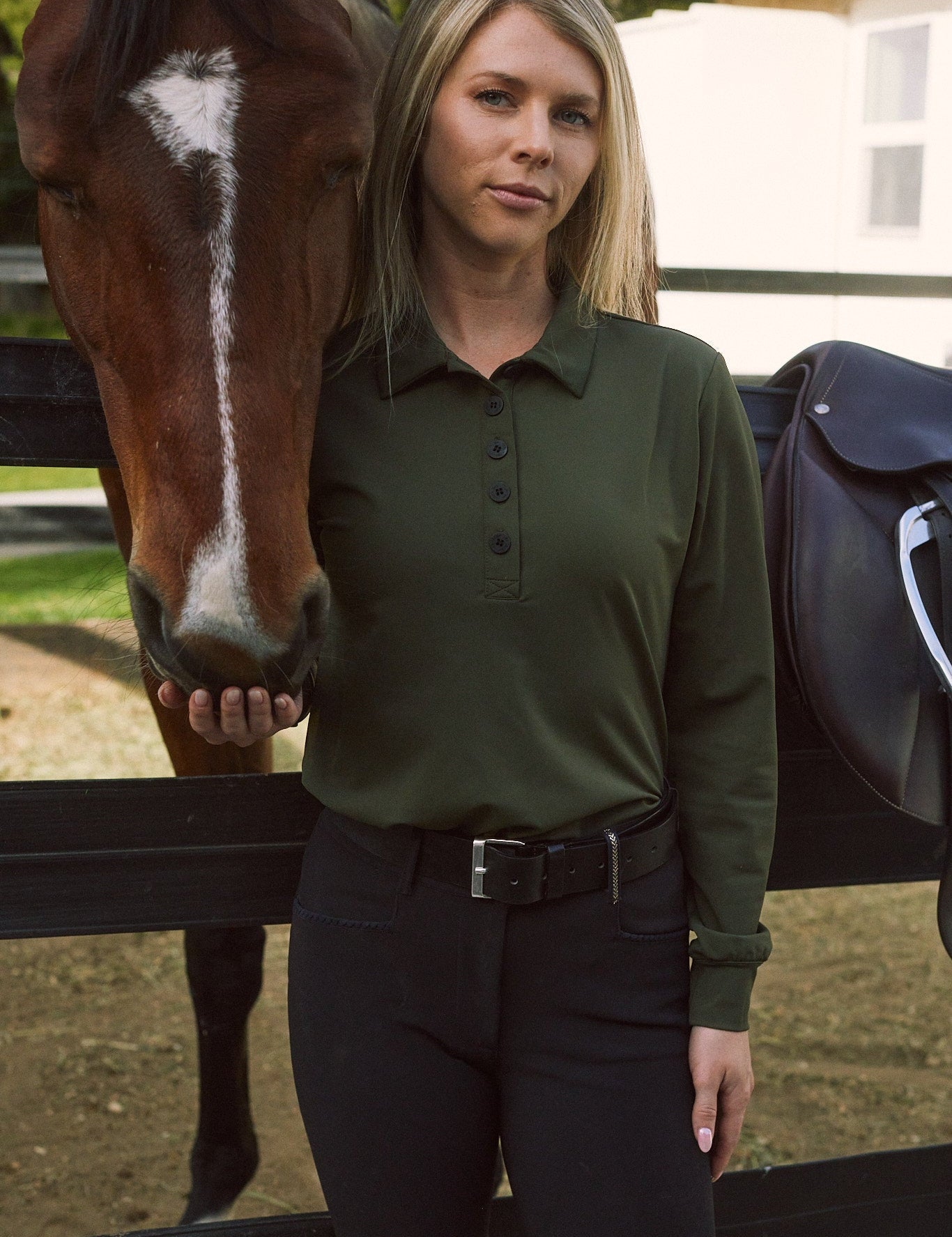 Solid Citizen Equestrian 'Kelly' | Technical Sport Pique | Recycled Nylon | Long Sleeve Polo | Olive - Equiluxe Tack