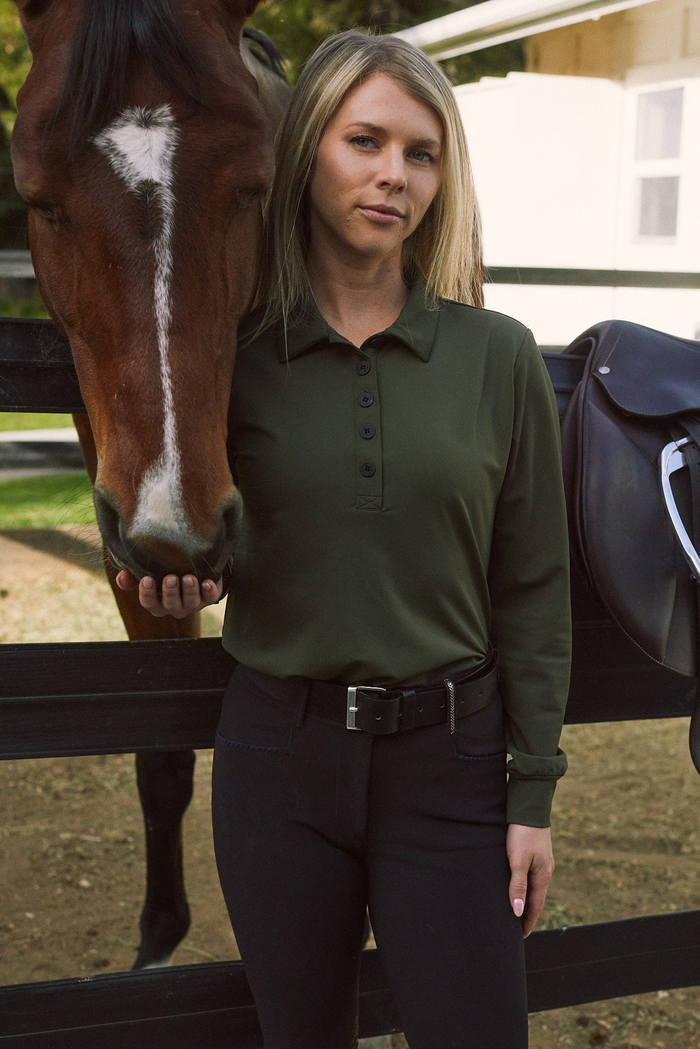 Solid Citizen Equestrian 'Kelly' | Technical Sport Pique | Recycled Nylon | Long Sleeve Polo | Olive - Equiluxe Tack