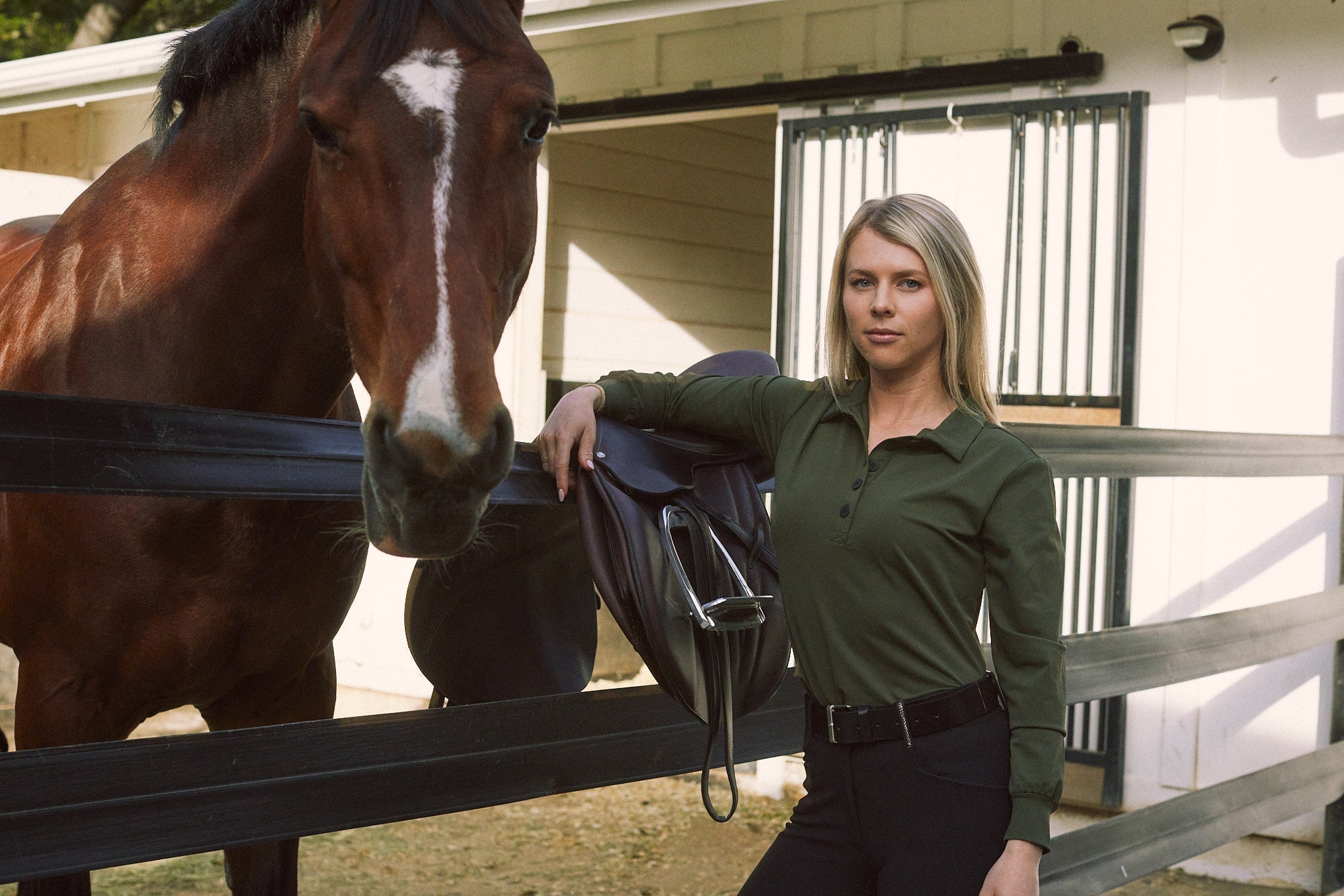 Solid Citizen Equestrian 'Kelly' | Technical Sport Pique | Recycled Nylon | Long Sleeve Polo | Olive - Equiluxe Tack