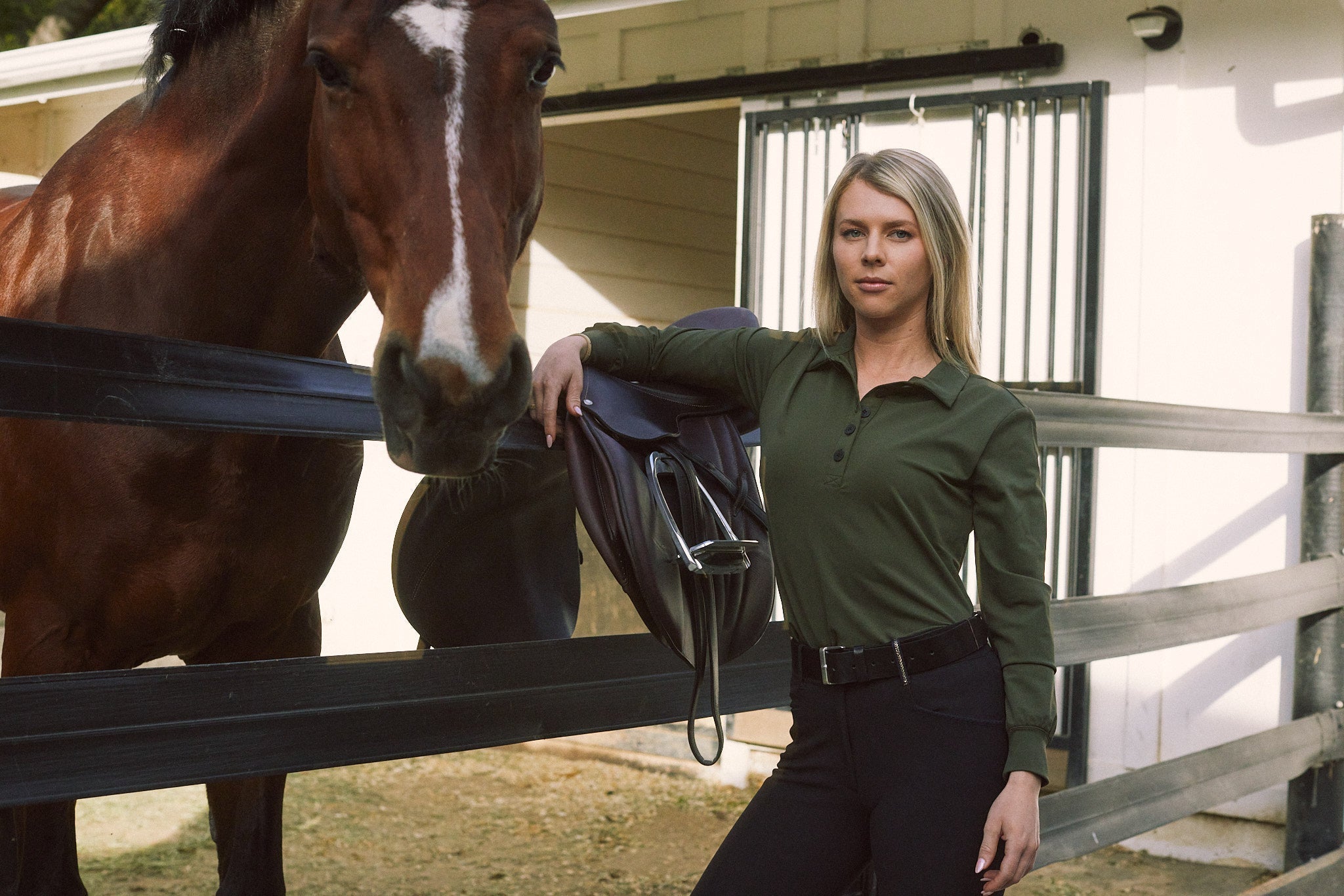 Solid Citizen Equestrian 'Kelly' | Technical Sport Pique | Recycled Nylon | Long Sleeve Polo | Olive - Equiluxe Tack