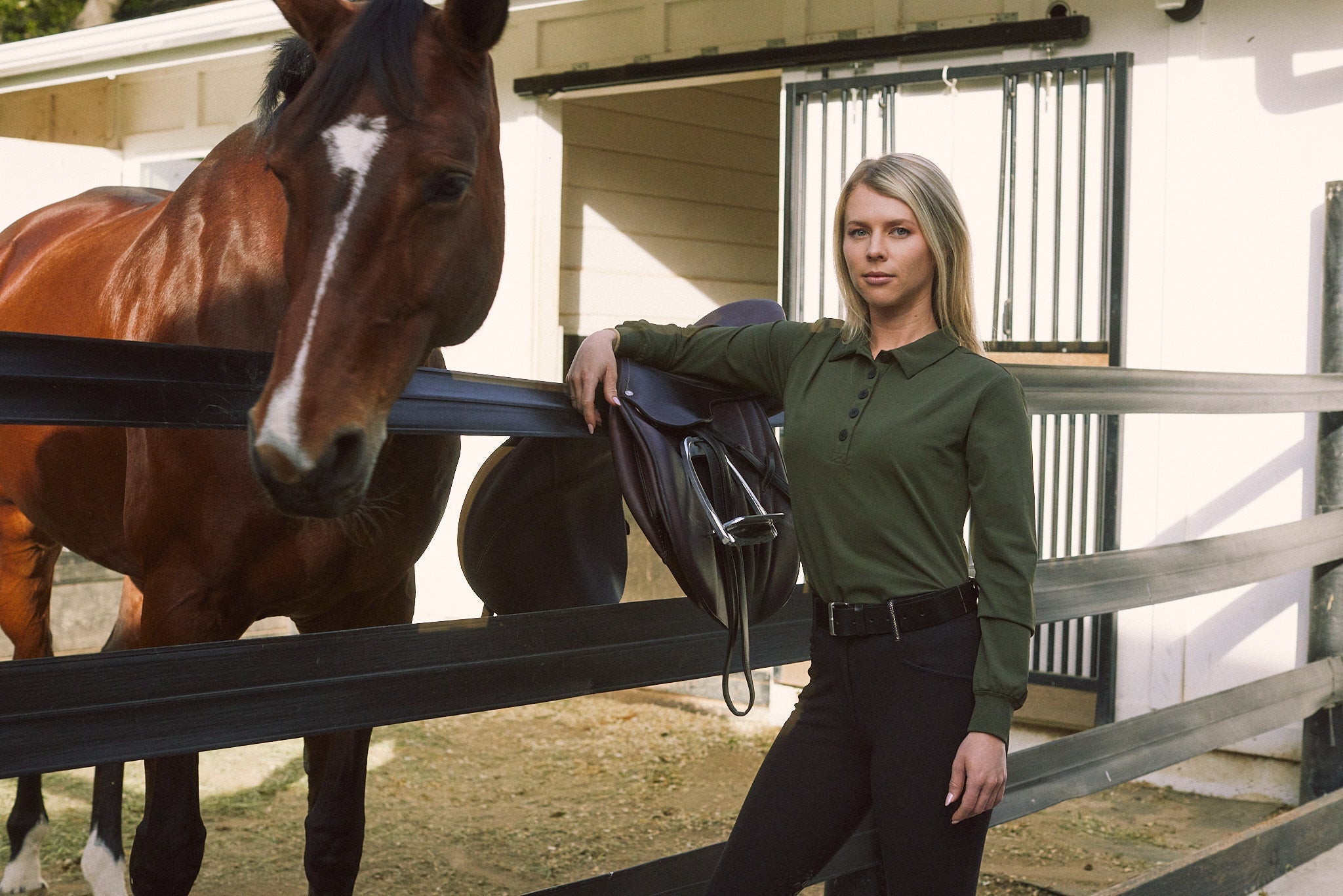 Solid Citizen Equestrian 'Kelly' | Technical Sport Pique | Recycled Nylon | Long Sleeve Polo | Olive - Equiluxe Tack