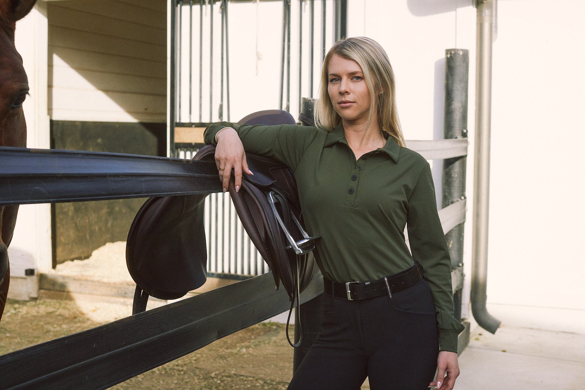 Solid Citizen Equestrian 'Kelly' | Technical Sport Pique | Recycled Nylon | Long Sleeve Polo | Olive - Equiluxe Tack