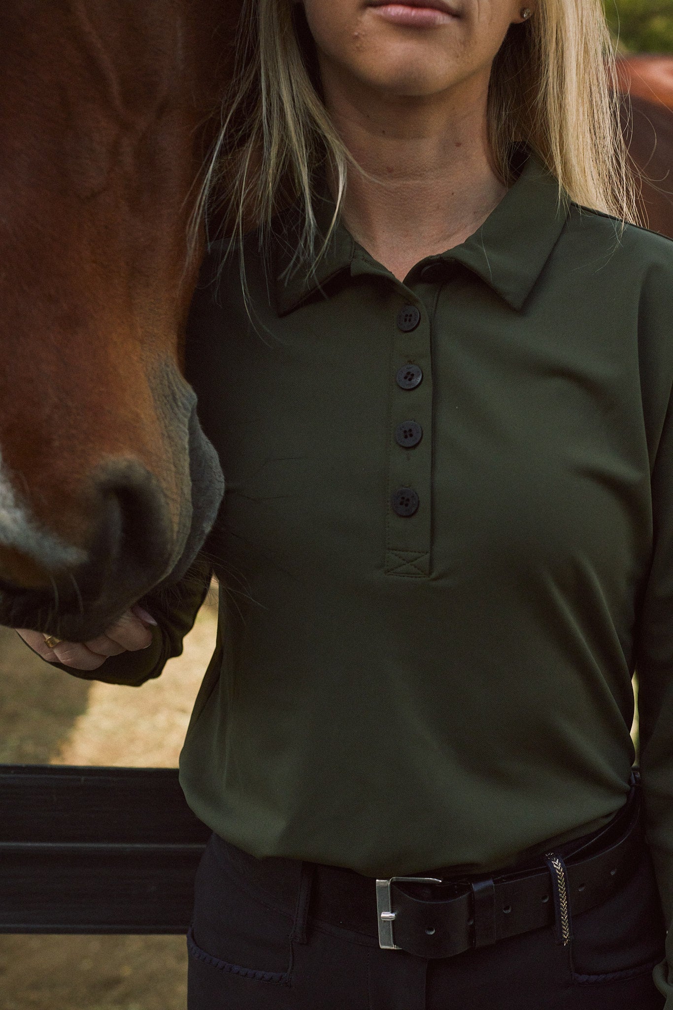 Solid Citizen Equestrian 'Kelly' | Technical Sport Pique | Recycled Nylon | Long Sleeve Polo | Olive - Equiluxe Tack