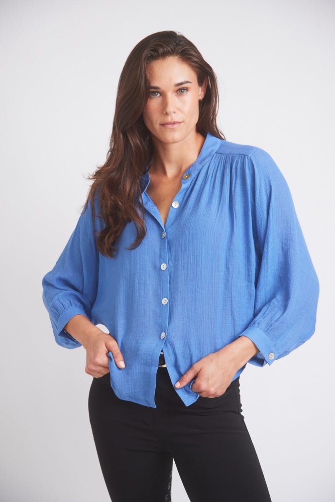 Solid Citizen Equestrian 'Lee' | Mandarin Collar Button Blouse | French Blue - Equiluxe Tack