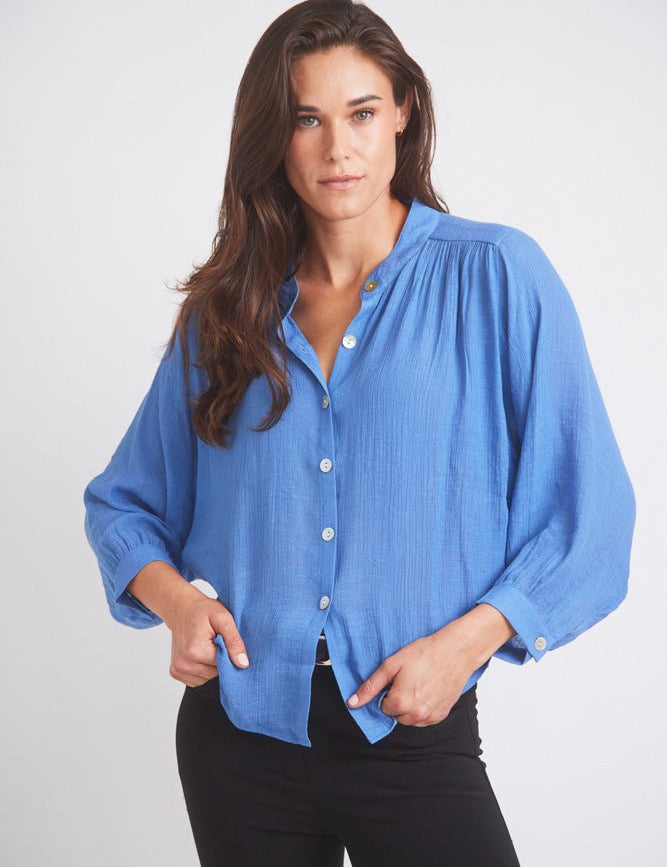 Solid Citizen Equestrian 'Lee' | Mandarin Collar Button Blouse | French Blue - Equiluxe Tack