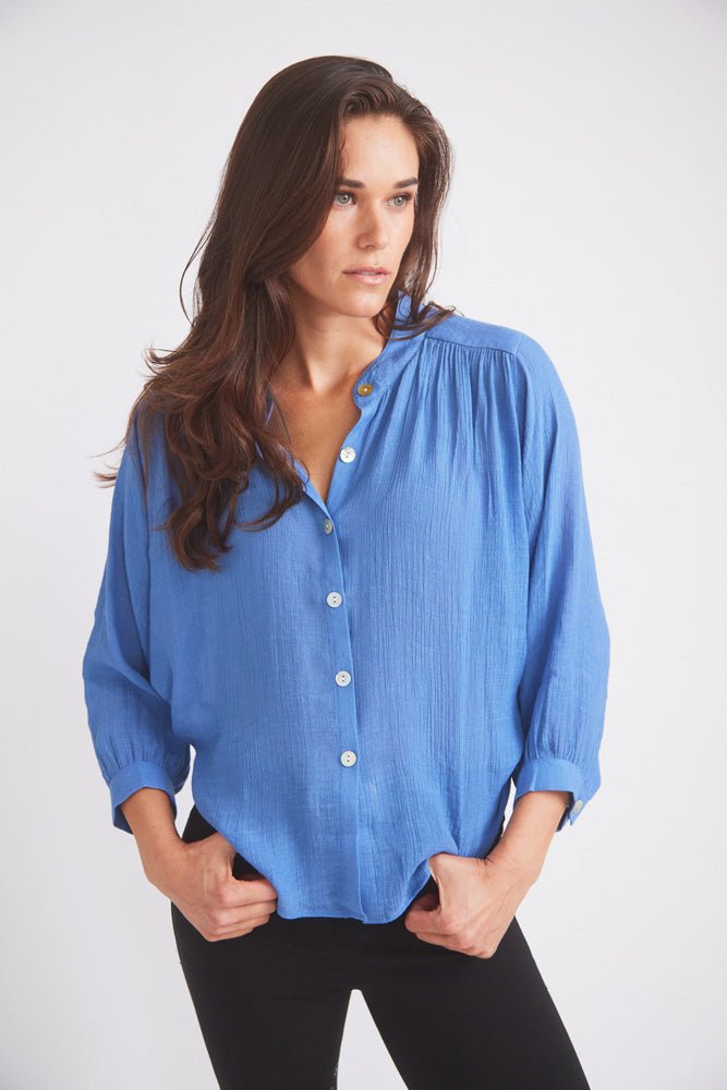Solid Citizen Equestrian 'Lee' | Mandarin Collar Button Blouse | French Blue - Equiluxe Tack