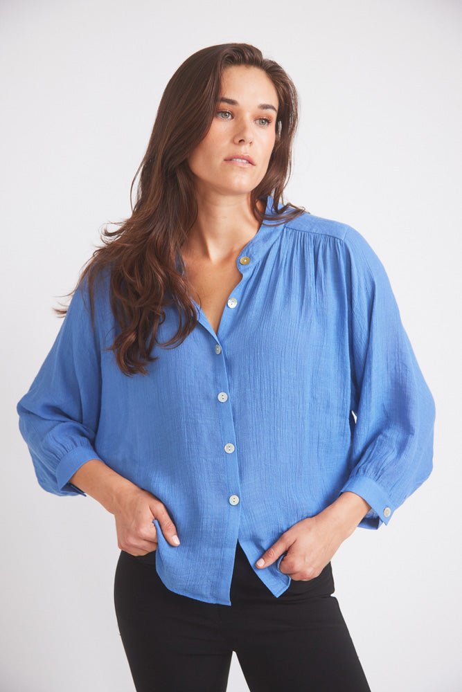 Solid Citizen Equestrian 'Lee' | Mandarin Collar Button Blouse | French Blue - Equiluxe Tack