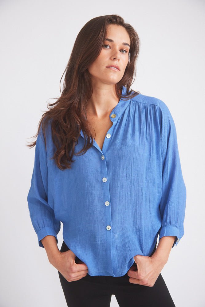 Solid Citizen Equestrian 'Lee' | Mandarin Collar Button Blouse | French Blue - Equiluxe Tack