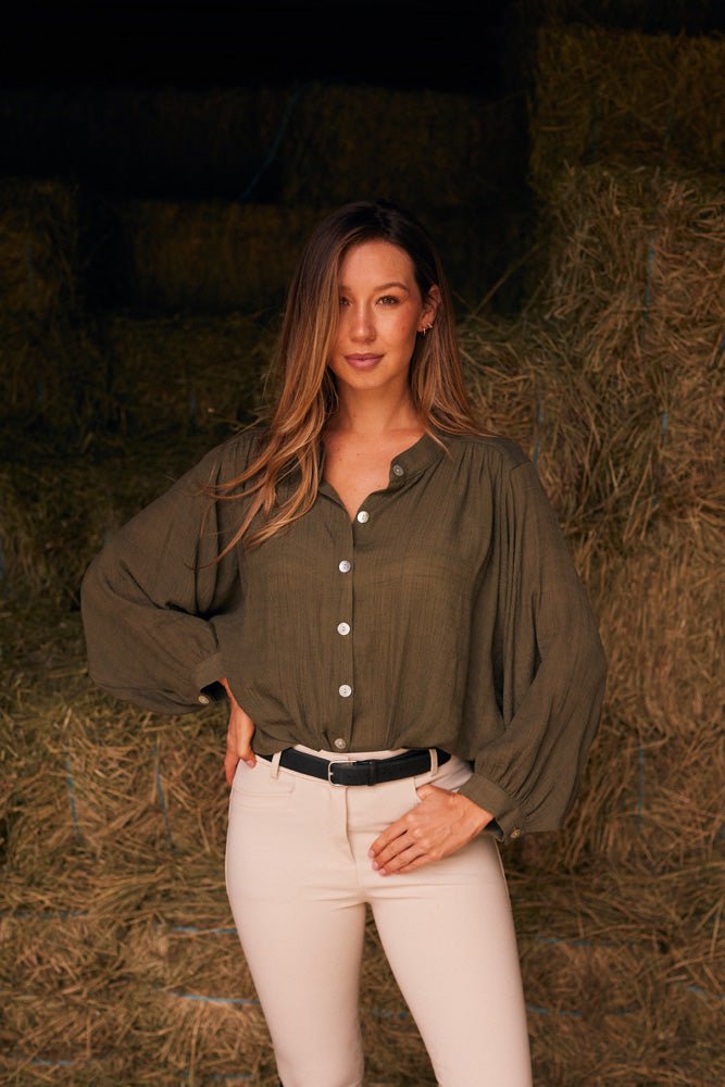 Solid Citizen Equestrian 'Lee' | Mandarin Collar Button Blouse | Moss Green - Equiluxe Tack
