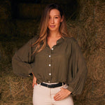 Solid Citizen Equestrian 'Lee' | Mandarin Collar Button Blouse | Moss Green - Equiluxe Tack