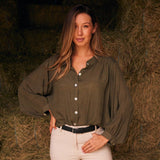 Solid Citizen Equestrian 'Lee' | Mandarin Collar Button Blouse | Moss Green - Equiluxe Tack