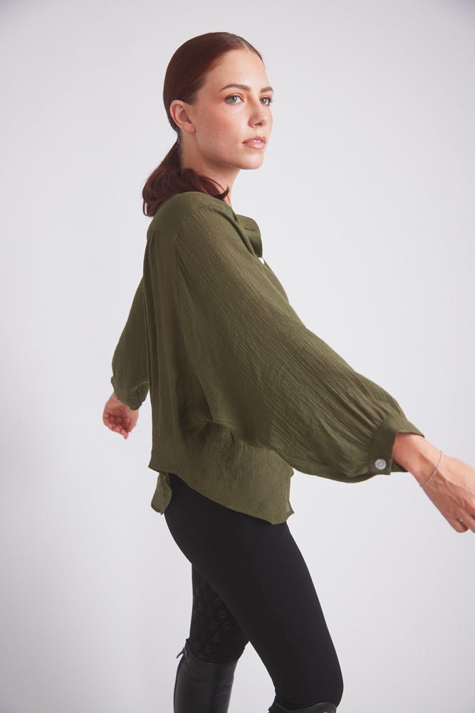 Solid Citizen Equestrian 'Lee' | Mandarin Collar Button Blouse | Moss Green - Equiluxe Tack