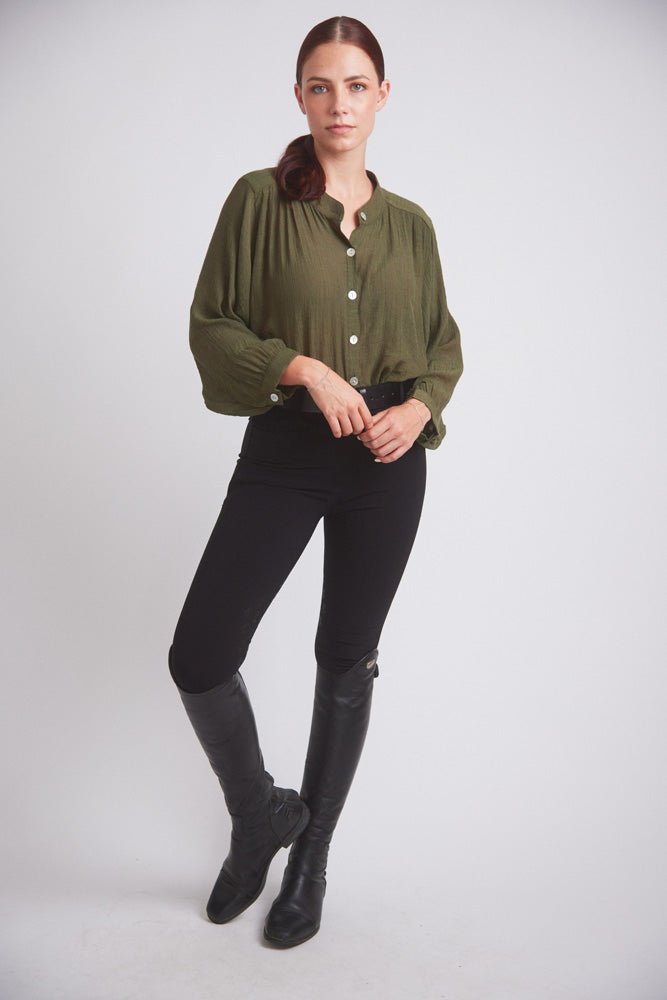 Solid Citizen Equestrian 'Lee' | Mandarin Collar Button Blouse | Moss Green - Equiluxe Tack