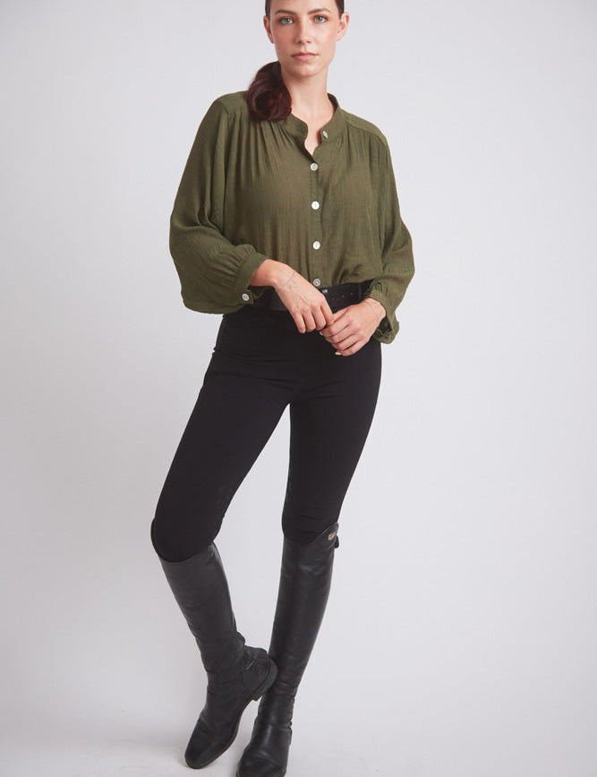 Solid Citizen Equestrian 'Lee' | Mandarin Collar Button Blouse | Moss Green - Equiluxe Tack