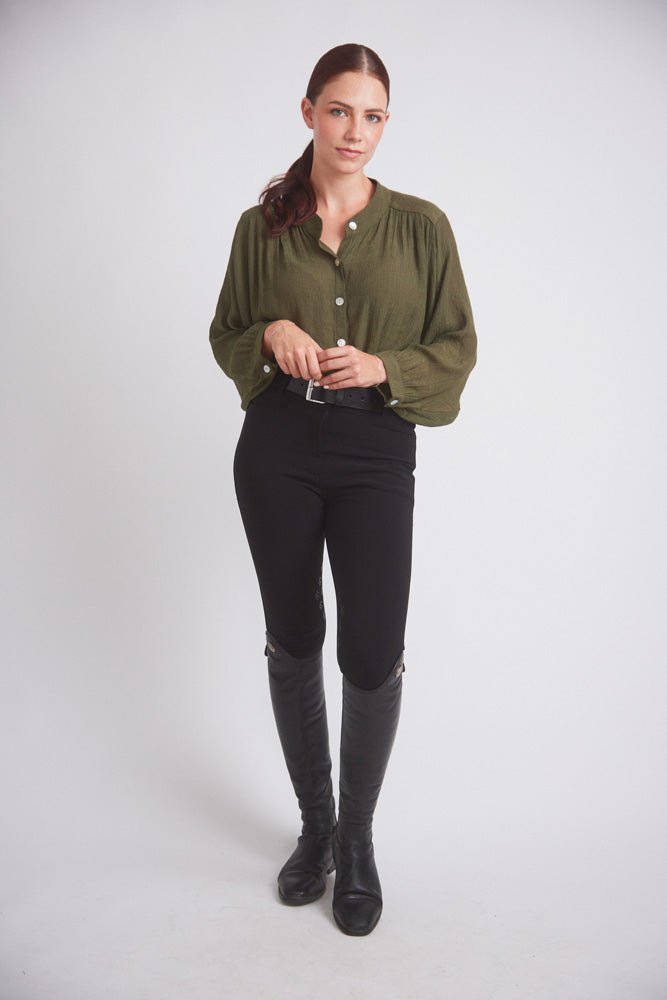 Solid Citizen Equestrian 'Lee' | Mandarin Collar Button Blouse | Moss Green - Equiluxe Tack