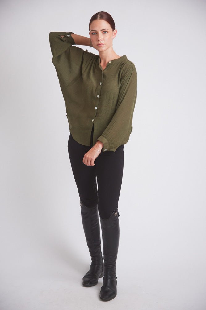 Solid Citizen Equestrian 'Lee' | Mandarin Collar Button Blouse | Moss Green - Equiluxe Tack