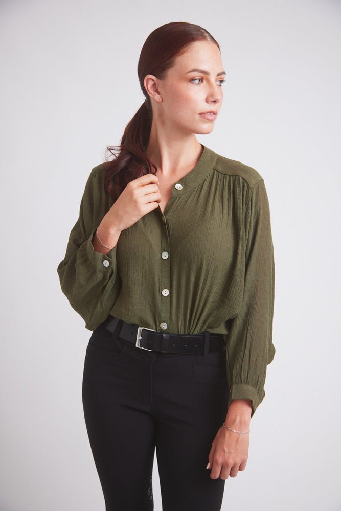 Solid Citizen Equestrian 'Lee' | Mandarin Collar Button Blouse | Moss Green - Equiluxe Tack