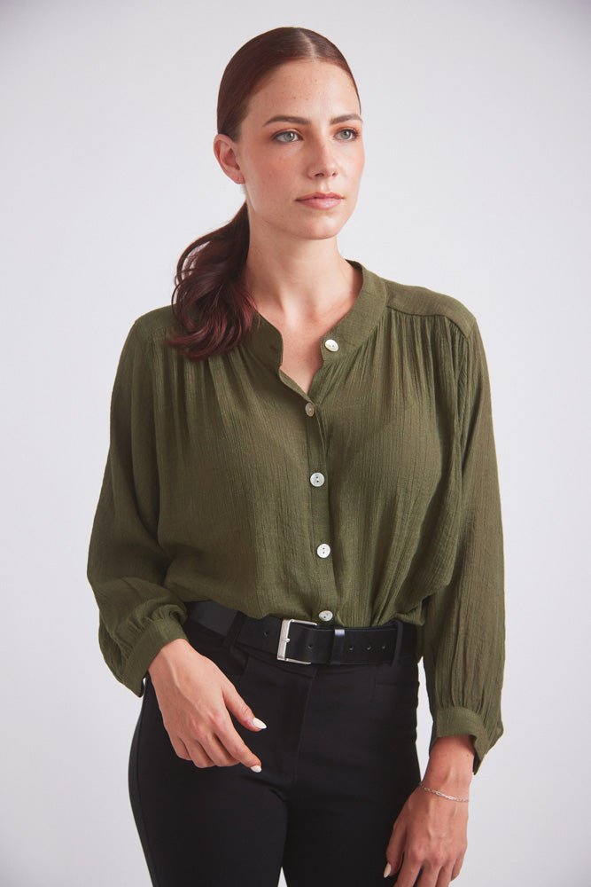 Solid Citizen Equestrian 'Lee' | Mandarin Collar Button Blouse | Moss Green - Equiluxe Tack
