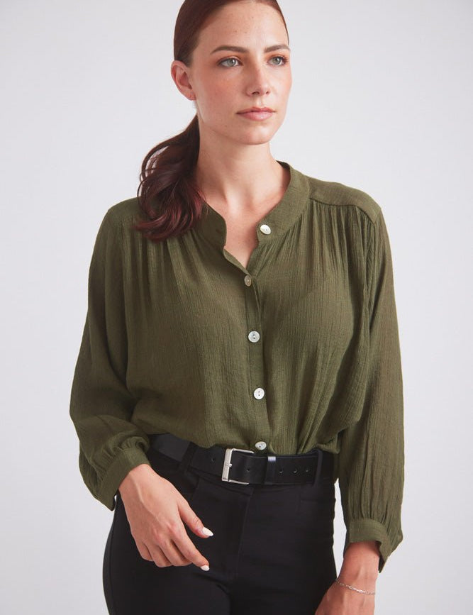 Solid Citizen Equestrian 'Lee' | Mandarin Collar Button Blouse | Moss Green - Equiluxe Tack