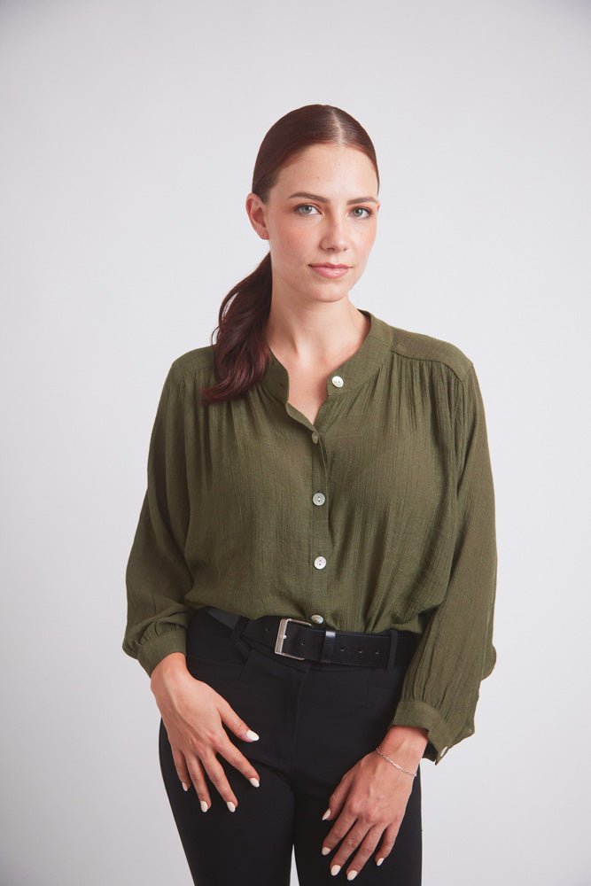 Solid Citizen Equestrian 'Lee' | Mandarin Collar Button Blouse | Moss Green - Equiluxe Tack