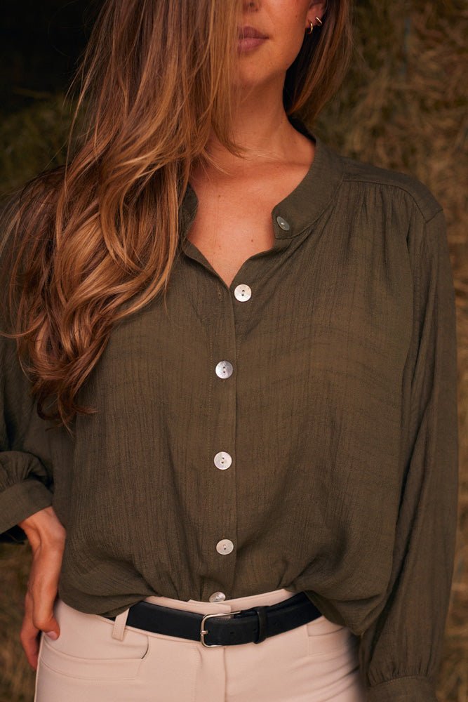 Solid Citizen Equestrian 'Lee' | Mandarin Collar Button Blouse | Moss Green - Equiluxe Tack