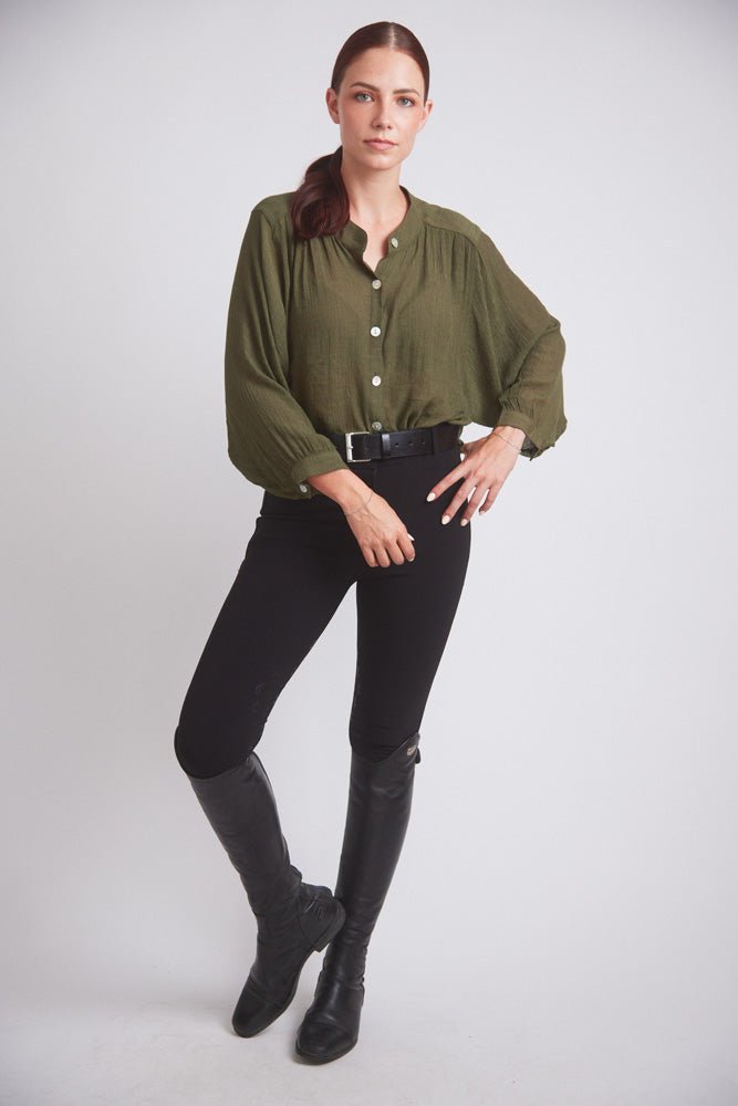 Solid Citizen Equestrian 'Lee' | Mandarin Collar Button Blouse | Moss Green - Equiluxe Tack