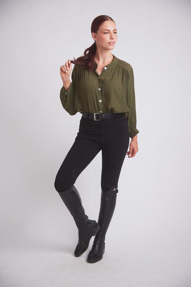Solid Citizen Equestrian 'Lee' | Mandarin Collar Button Blouse | Moss Green - Equiluxe Tack