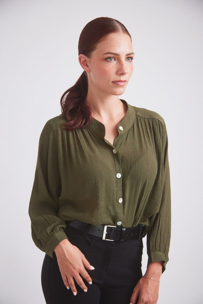 Solid Citizen Equestrian 'Lee' | Mandarin Collar Button Blouse | Moss Green - Equiluxe Tack