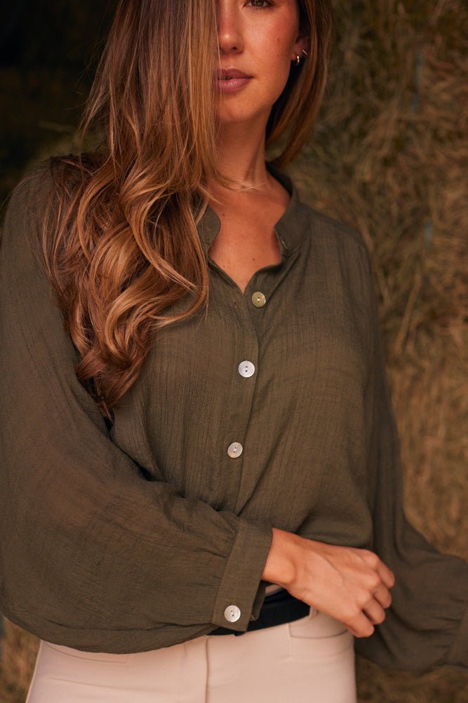 Solid Citizen Equestrian 'Lee' | Mandarin Collar Button Blouse | Moss Green - Equiluxe Tack