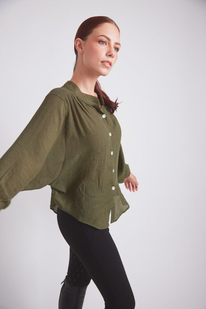 Solid Citizen Equestrian 'Lee' | Mandarin Collar Button Blouse | Moss Green - Equiluxe Tack