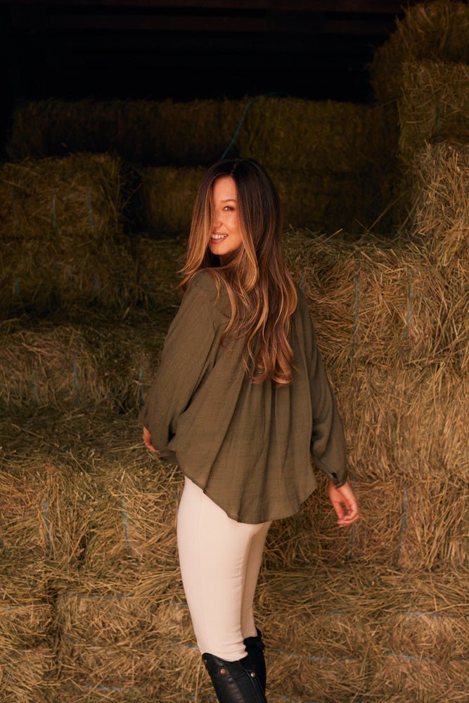 Solid Citizen Equestrian 'Lee' | Mandarin Collar Button Blouse | Moss Green - Equiluxe Tack