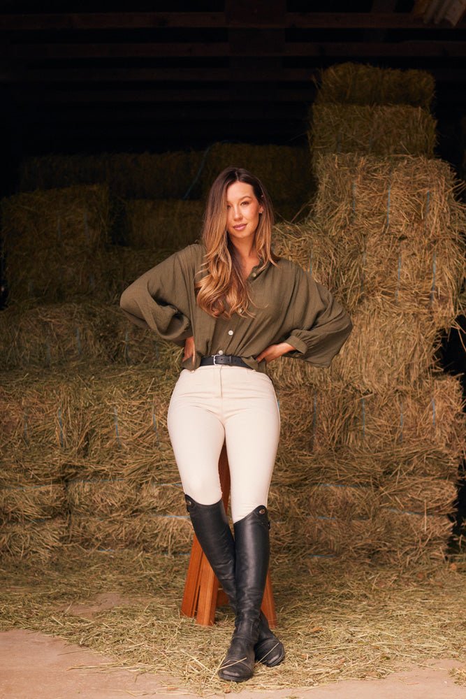 Solid Citizen Equestrian 'Lee' | Mandarin Collar Button Blouse | Moss Green - Equiluxe Tack