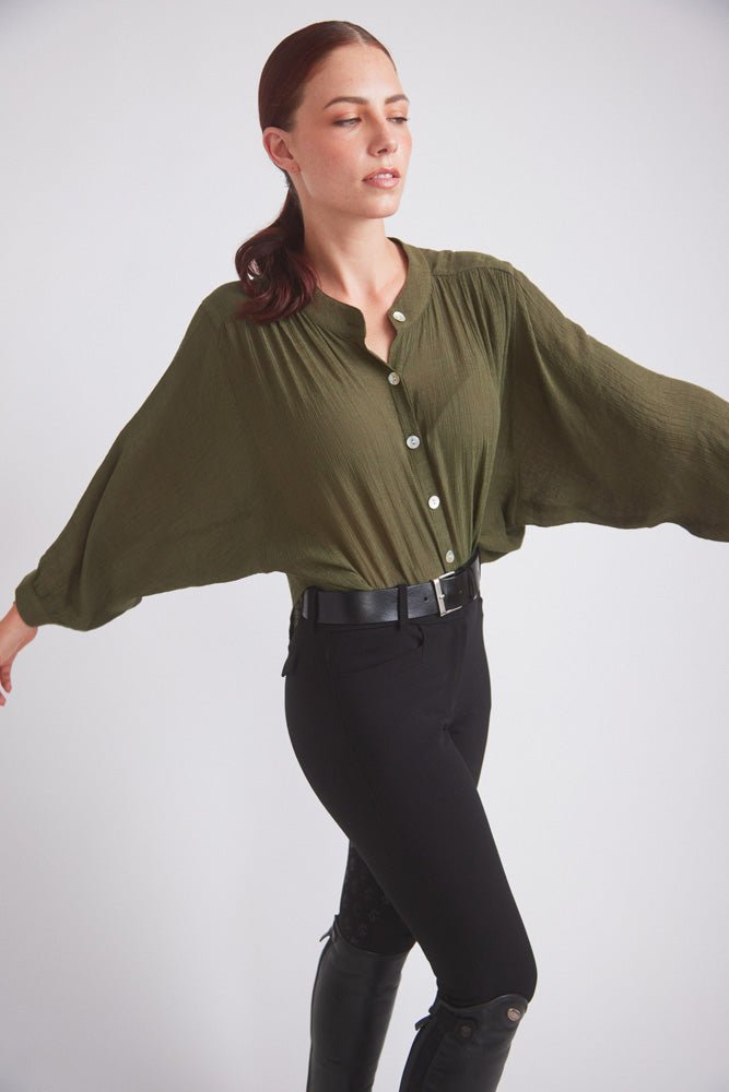 Solid Citizen Equestrian 'Lee' | Mandarin Collar Button Blouse | Moss Green - Equiluxe Tack