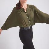 Solid Citizen Equestrian 'Lee' | Mandarin Collar Button Blouse | Moss Green - Equiluxe Tack