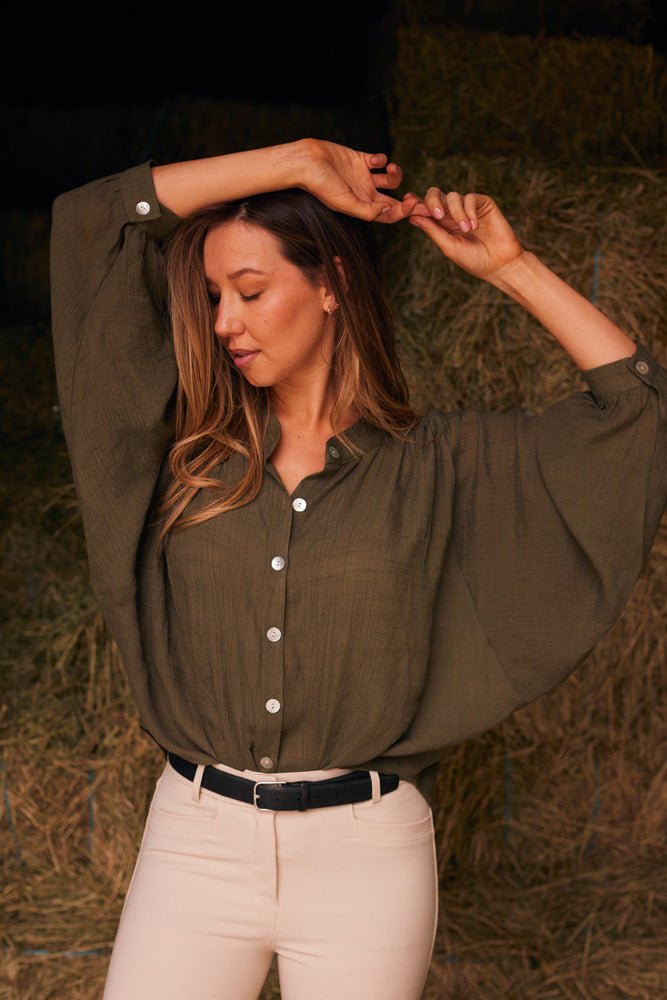 Solid Citizen Equestrian 'Lee' | Mandarin Collar Button Blouse | Moss Green - Equiluxe Tack