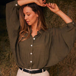 Solid Citizen Equestrian 'Lee' | Mandarin Collar Button Blouse | Moss Green - Equiluxe Tack