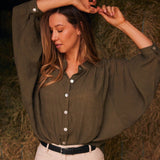 Solid Citizen Equestrian 'Lee' | Mandarin Collar Button Blouse | Moss Green - Equiluxe Tack