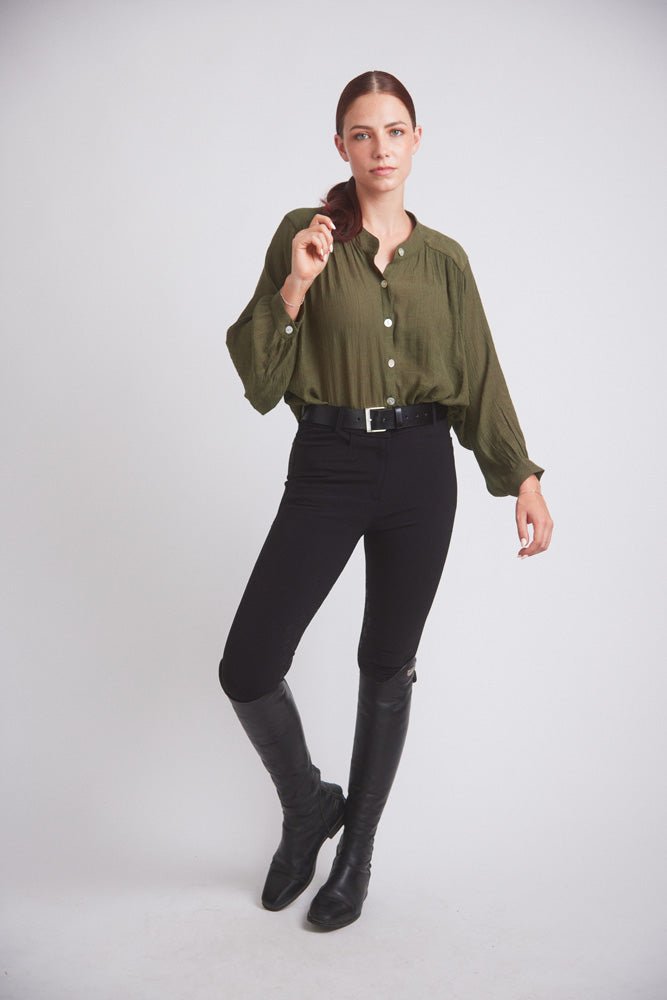 Solid Citizen Equestrian 'Lee' | Mandarin Collar Button Blouse | Moss Green - Equiluxe Tack