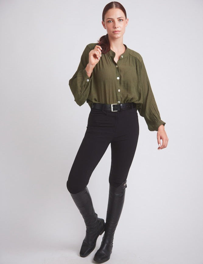 Solid Citizen Equestrian 'Lee' | Mandarin Collar Button Blouse | Moss Green - Equiluxe Tack