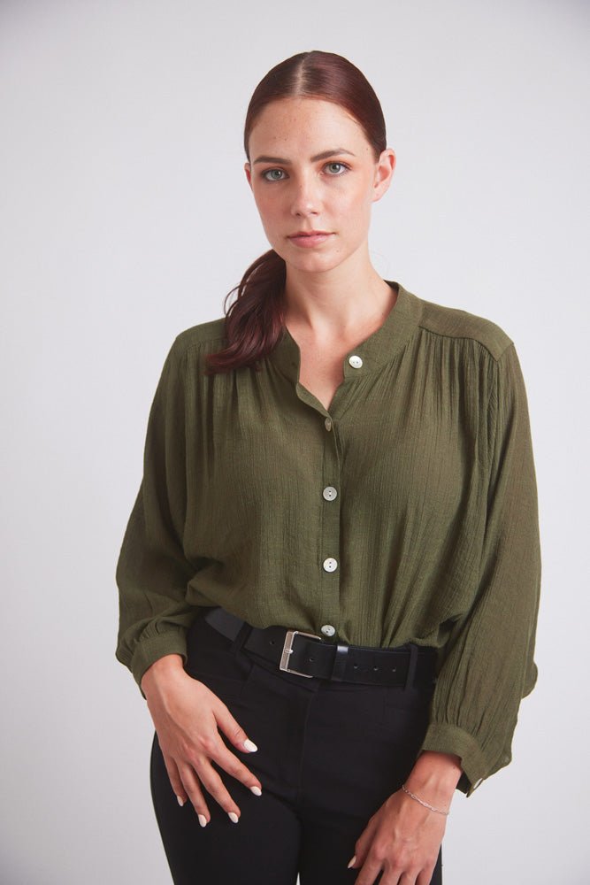 Solid Citizen Equestrian 'Lee' | Mandarin Collar Button Blouse | Moss Green - Equiluxe Tack