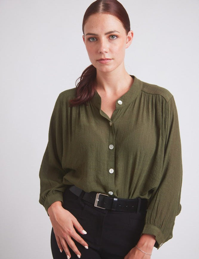 Solid Citizen Equestrian 'Lee' | Mandarin Collar Button Blouse | Moss Green - Equiluxe Tack