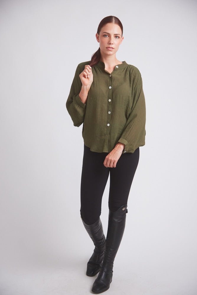 Solid Citizen Equestrian 'Lee' | Mandarin Collar Button Blouse | Moss Green - Equiluxe Tack