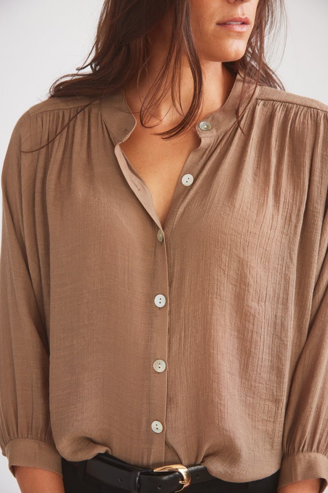 Solid Citizen Equestrian 'Lee' | Mandarin Collar Button Blouse | Toasted Almond - Equiluxe Tack